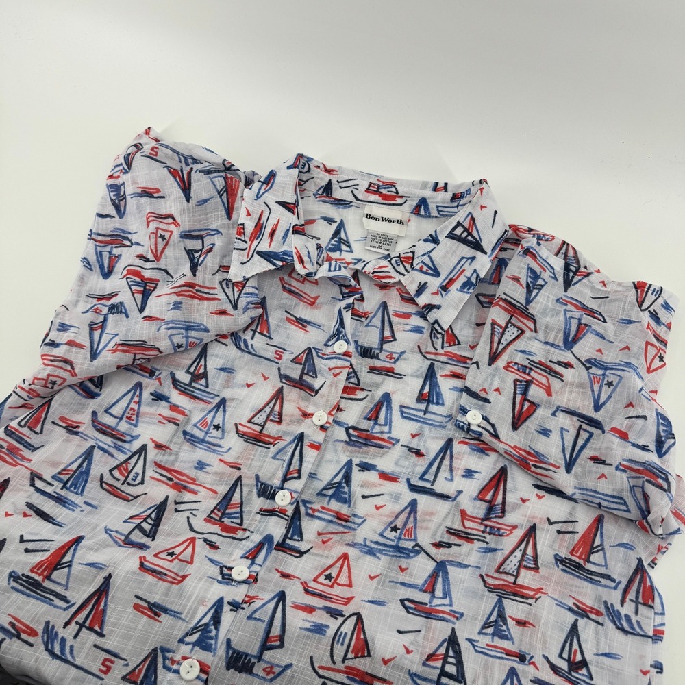 Bon Worth Men's Sailboat Print Button‎ Down Shirt White Blue Red Size M Hawaiian